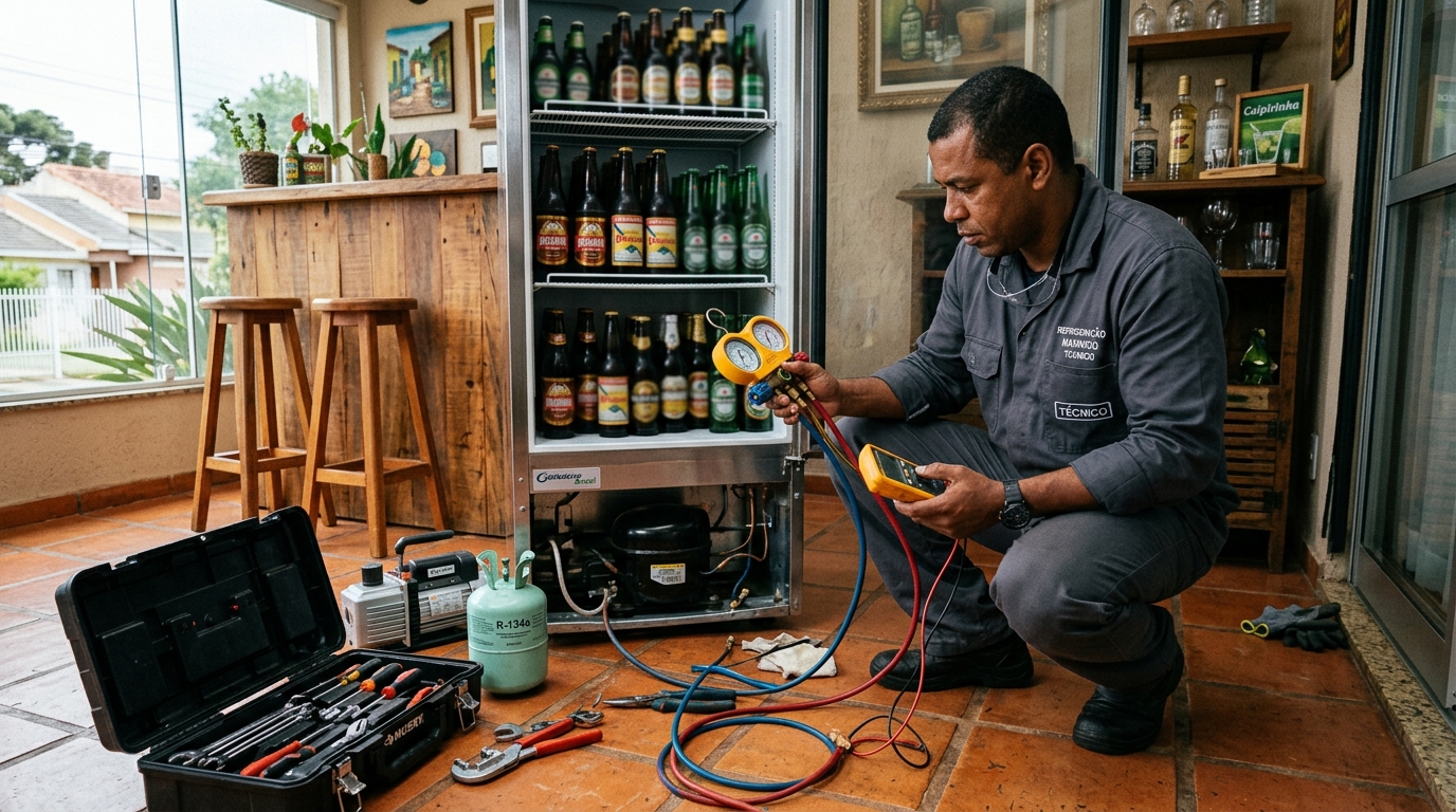 Profissional executando reparo no motor de cervejeira no Oitizeiro, João Pessoa‑PB