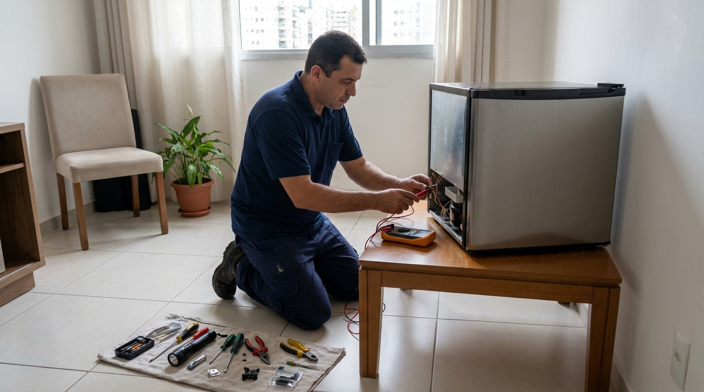 Técnico fazendo manutenção do motor de frigobar no Cuiá, João Pessoa‑PB