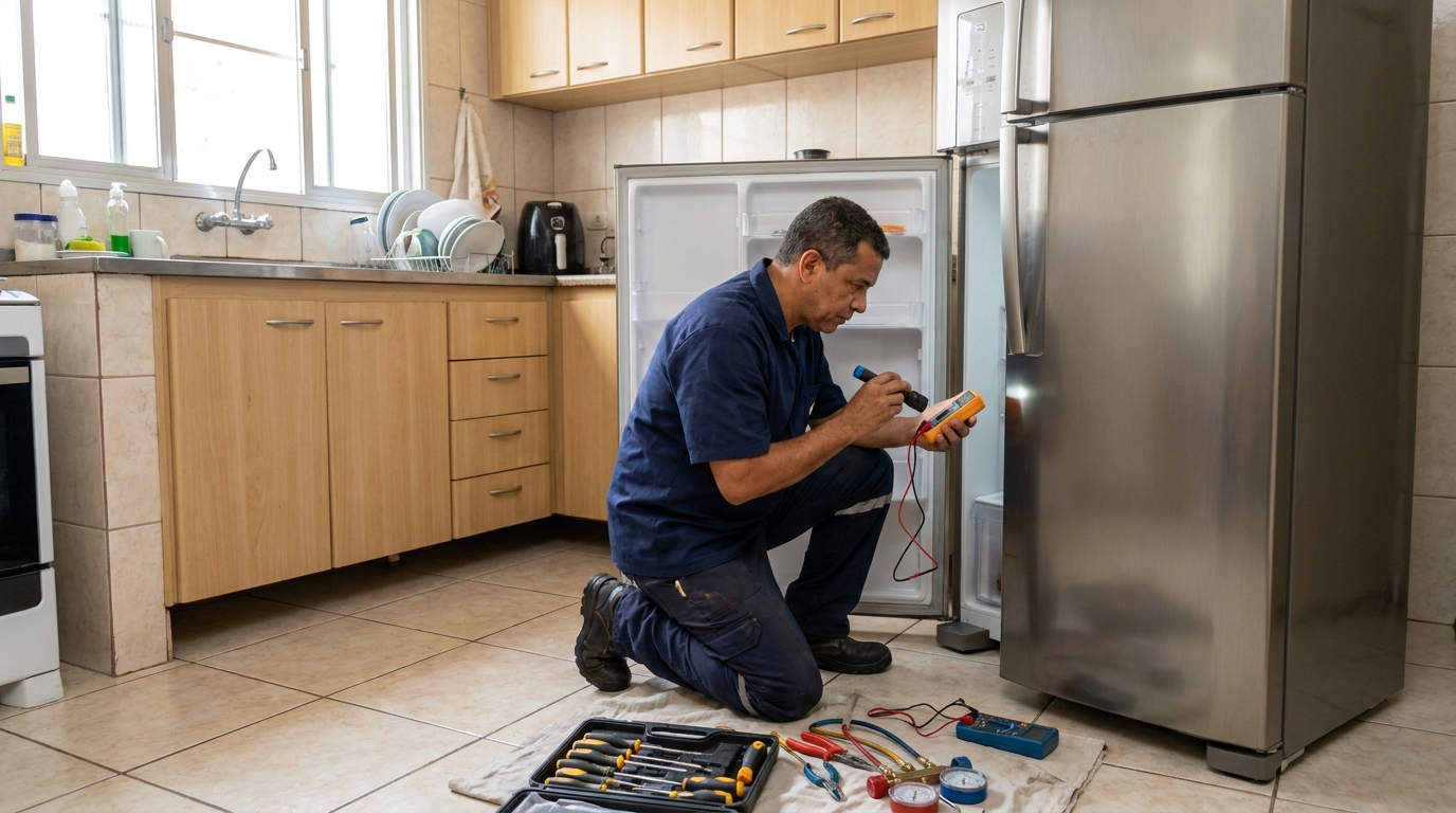 Técnico aplicando recarga de gás refrigerante em geladeira nos Funcionários, João Pessoa‑PB